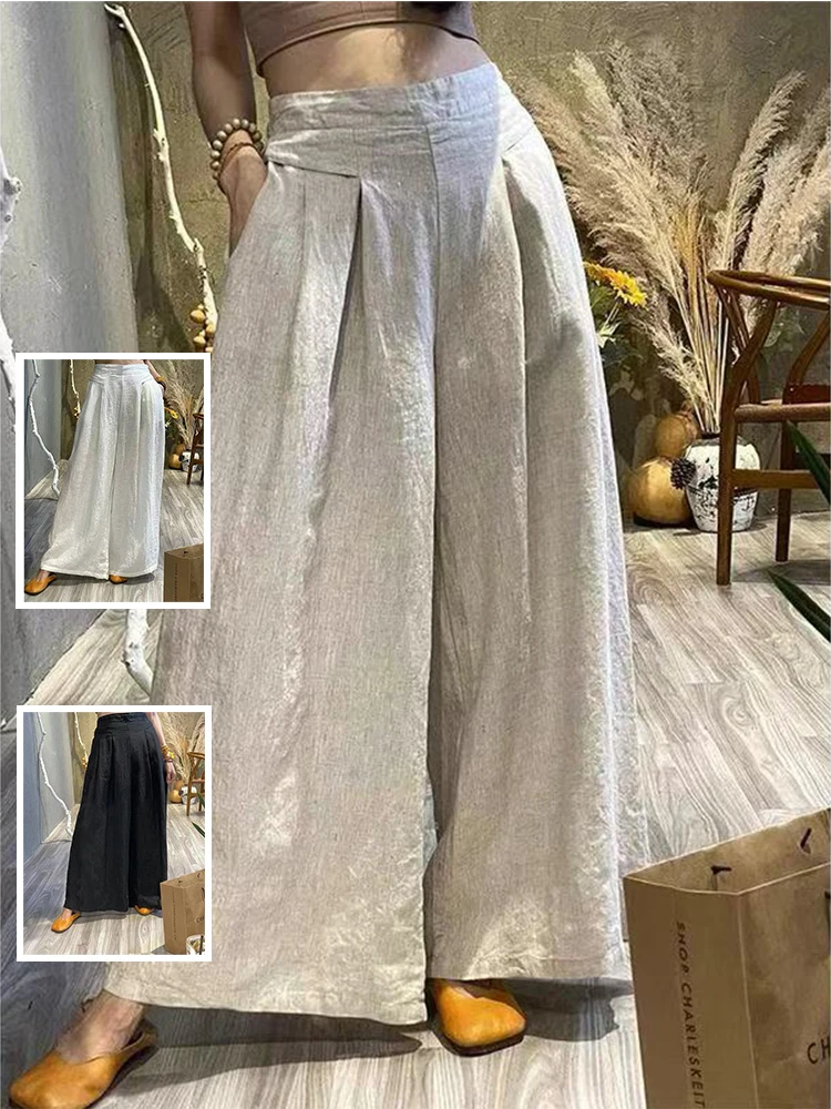 

Artistic High Waist Pleated Design Color Cotton Linen Wide Leg Pants plus Size Women's Casual Long Summer Trousers