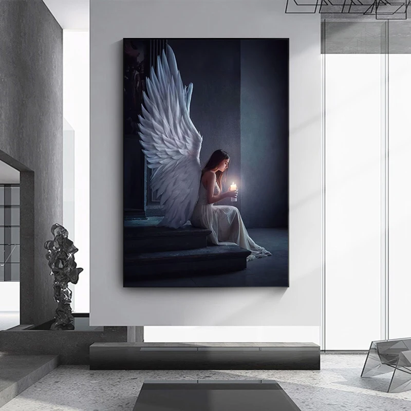 

Modern Angel Pray Art Canvas Painting Wall Decoration Girl Holding Candle Poster Living Room Aesthetic Home Decoration Cuadros