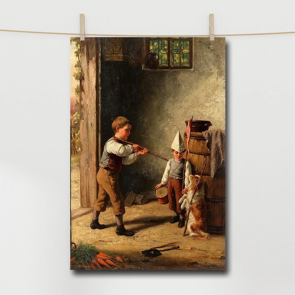 Classical Wall Art Canvas Painting 2 Boys Playing with a Dog Poster and Print Home Decor Items Illustration