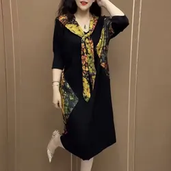 Casual Floral Patchwork Dresses Spring Summer 3/4 Sleeve Women's Clothing Scarf Collar Drawstring Loose A-Line Waist Midi Dress