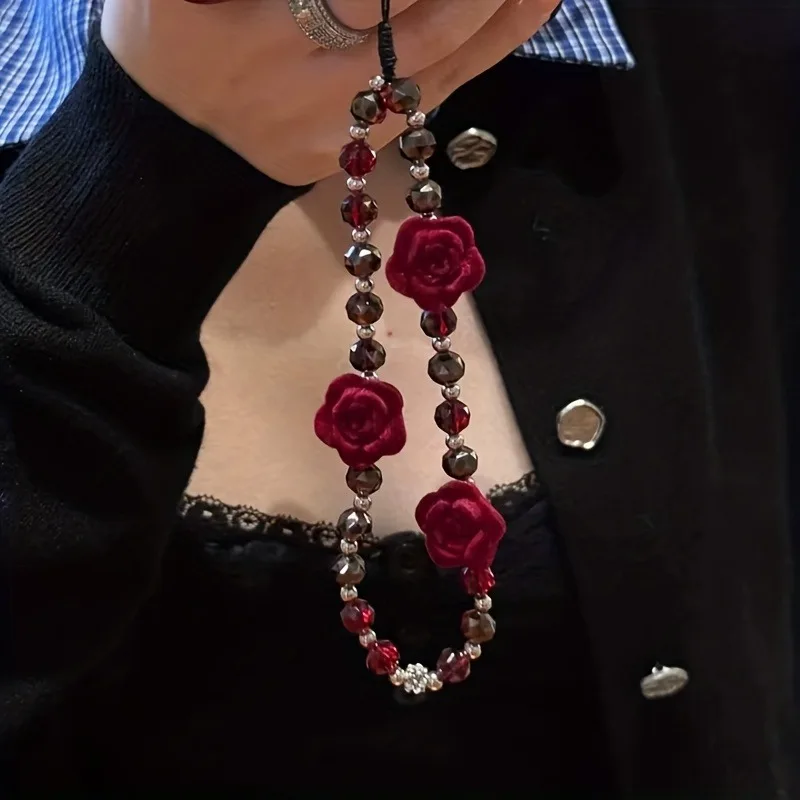 1PCS Wine Red Rose Flower Phone Chain Charm Resin Beads Phone Chain Cellphone Strap Wallet Camera Bag Decor Jewelry Accessories view 6