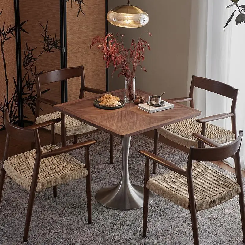 #Solid Wood Rectangular Dining Table With Stainless Steel Mid-Century Design For Hotel & Coffee Reception