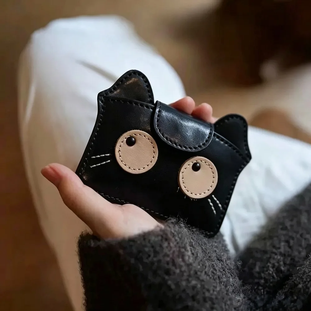 Viral Aesthetic Vintage Cat Card Holder, PU Leather Slim Lightweight Large Capacity Card Wallet Coin Purse