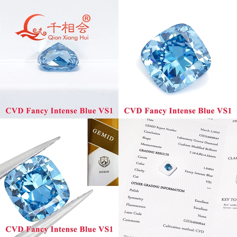 Imagem -05 - Cvd Lab Grown Diamond Loose Stone Fantasia Vivid Aqua Blue Vs1 Excelente Forma de Almofada Gemid Certificated 1.2ct