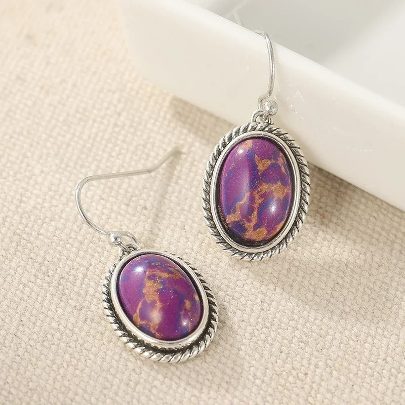 Fashion Oval Purple Turquoise Pendant Earrings Bohemian Silver Color Drop Earrings Party Casual Daily Styling Jewelry