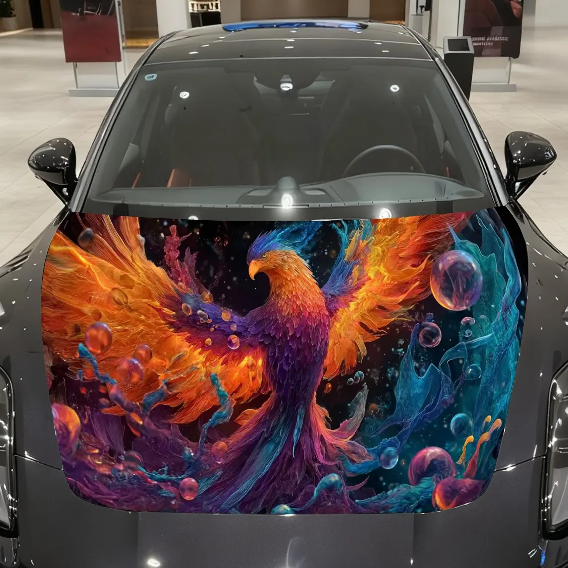 

Colorful Nirvana Fire and Water Blending Phoenix Car Vinyl Wrap, PVC Material Waterproof Car Hood Sticker, Self-Adhesive Scratch