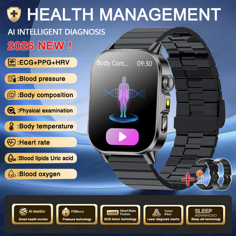 2026 Nieuwe Nauwkeurige Meting Gezondheid Smartwatch ECG+PPG Bloeddruk Bloedlipiden Urinezuur BT Oproep Smartwatch Voor Mannen Vrouwen