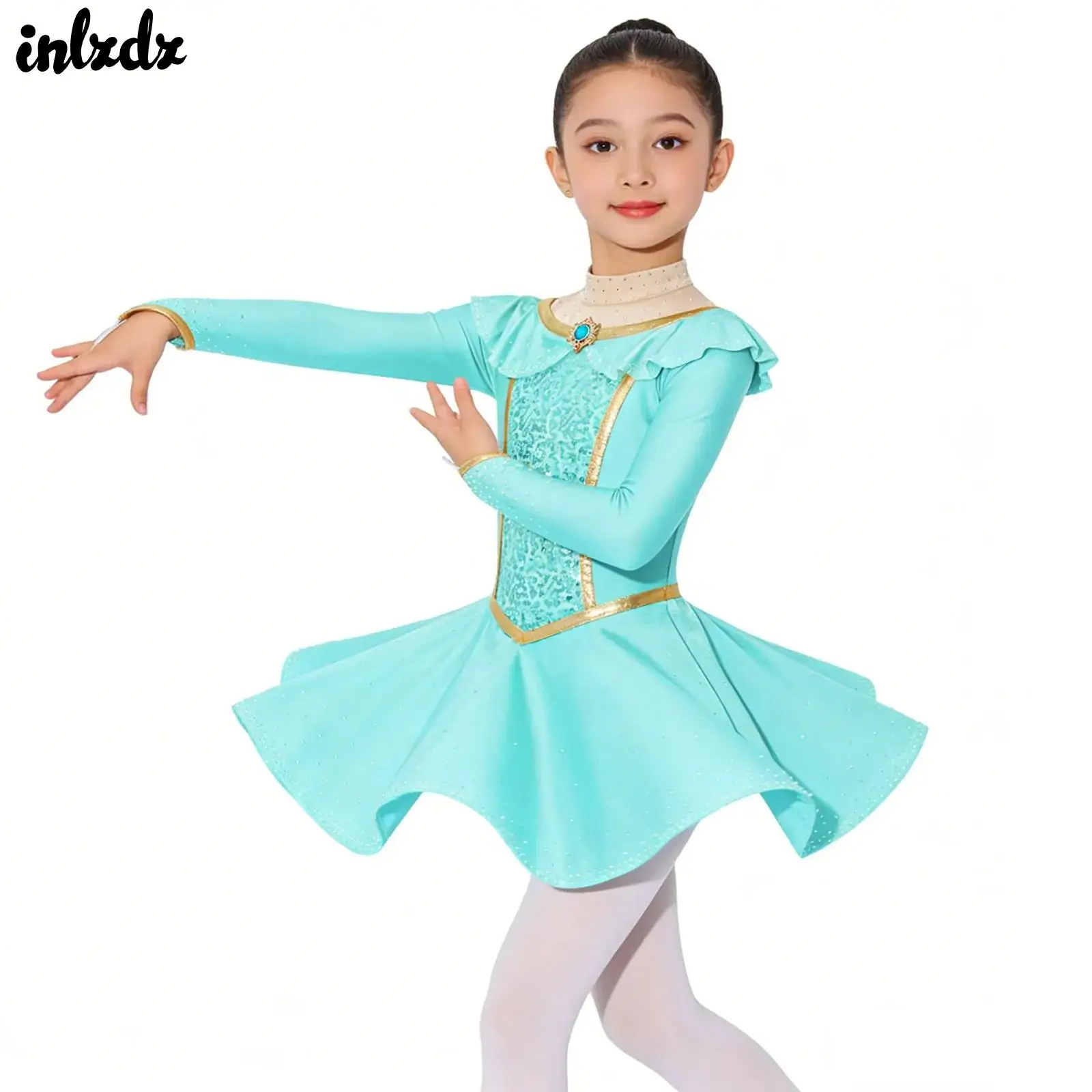 

Kids Girls Turquoise Ballet Dance Performance Dress Gold Trim Princess Costume Sparkly Rhinestones Sequins Decor Tutu Dress