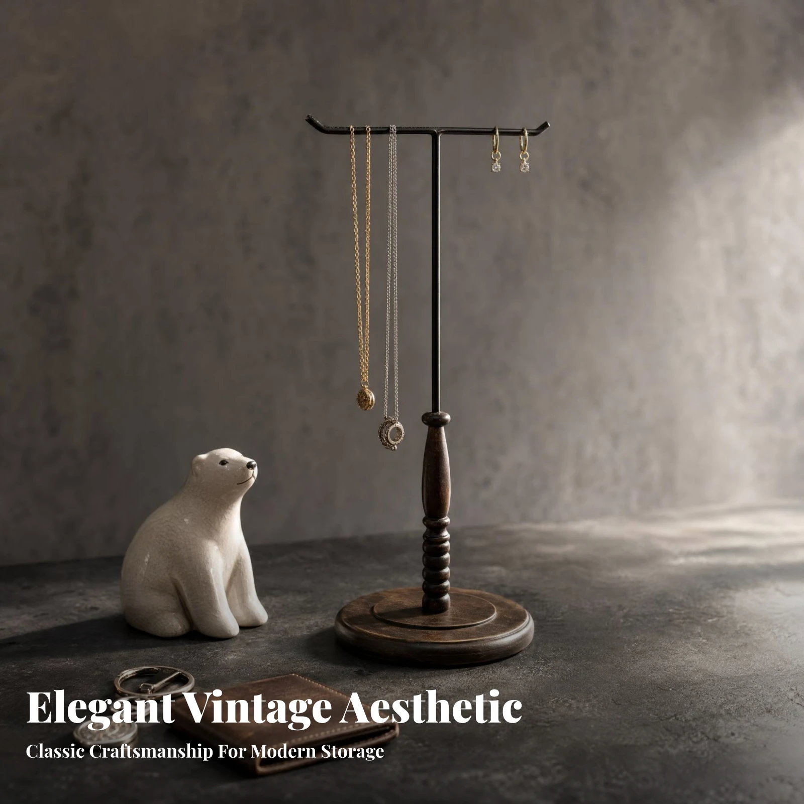 

Compact Decorative T-Shaped Bar Display Stand Jewelry Display Stand Tabletop Decor Wood and Metal