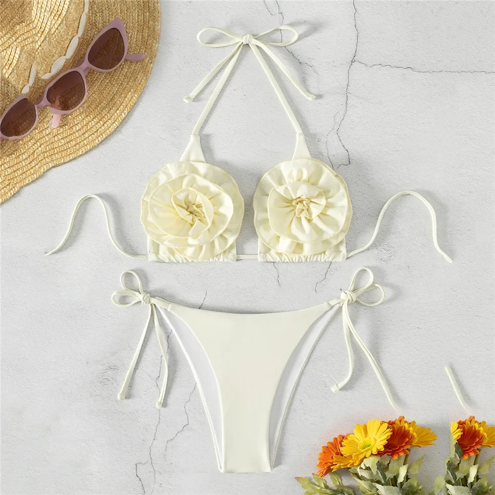 White 3D Flower Micro Thong Bikini Damen Sexy Swimsuit Women 2025 String Halter Swimwear Bathing Suit Triangle Bikinis Sets