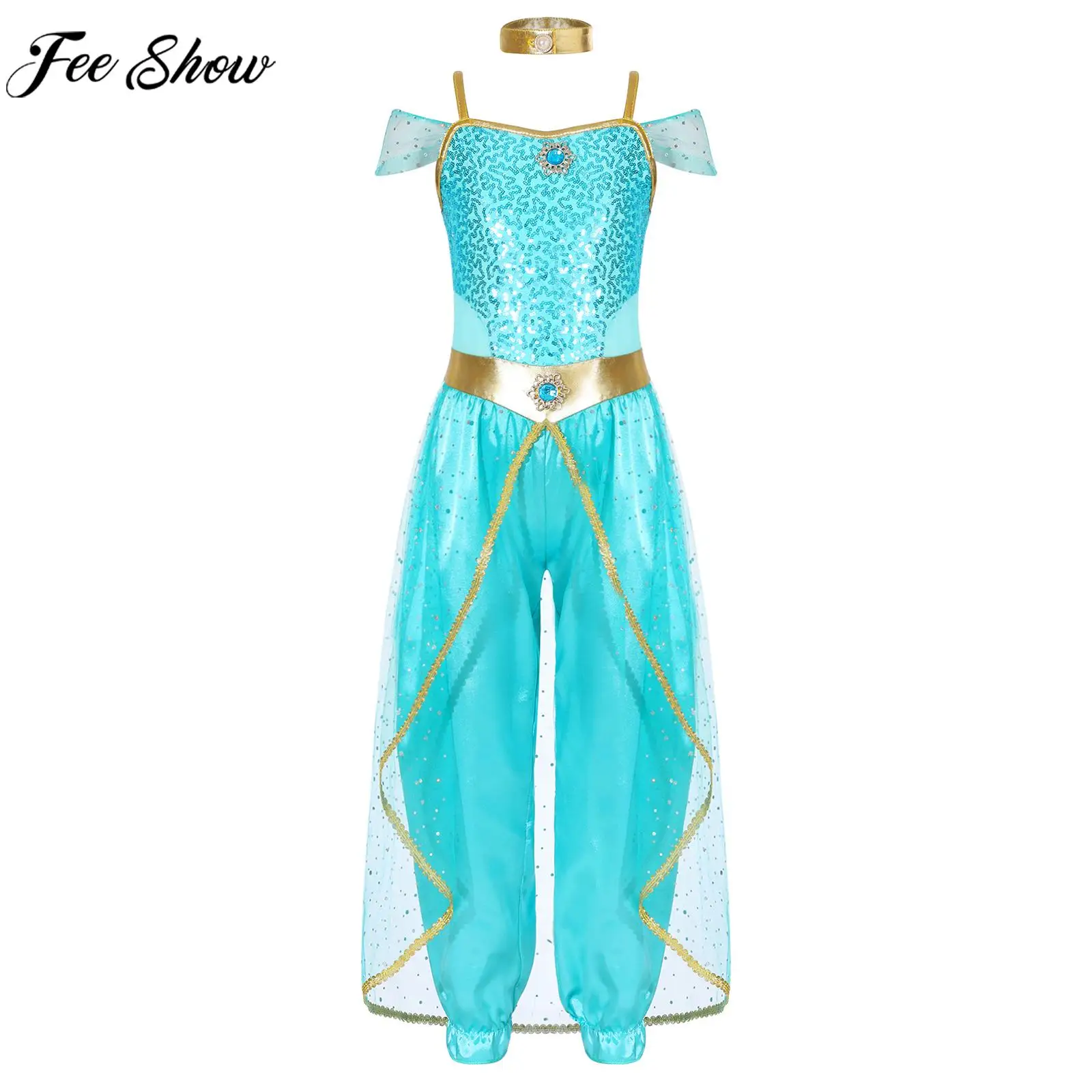 

Girls Arabian Princess Cosplay Costume Shiny Sequins Jumpsuit with Choker for Halloween Theme Party Carnival Dressup Belly Dance