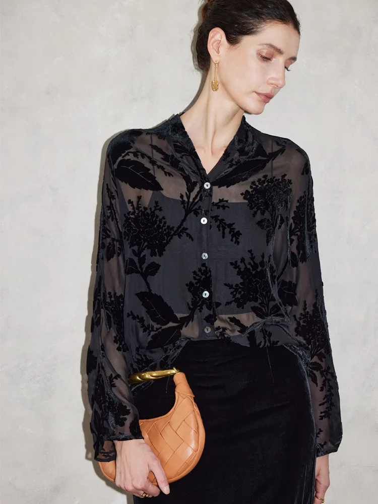 100% Silk Velvet Shirt Women 2026 New V-neck Burnt Flower Micro Transparent Long Sleeve Blouse Versatile Mulberry Silk Tops