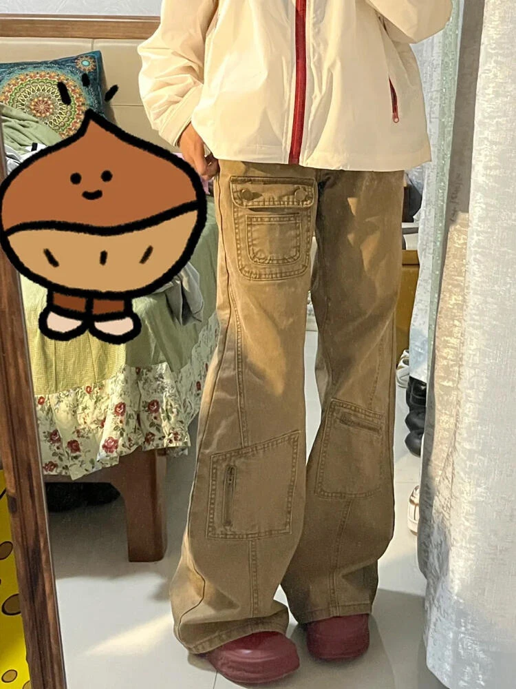 

Американские ретро-джинсы цвета хаки, слегка расклешенные, женские, с высокой талией, прямые, утягивающие, широкие брюки в пол