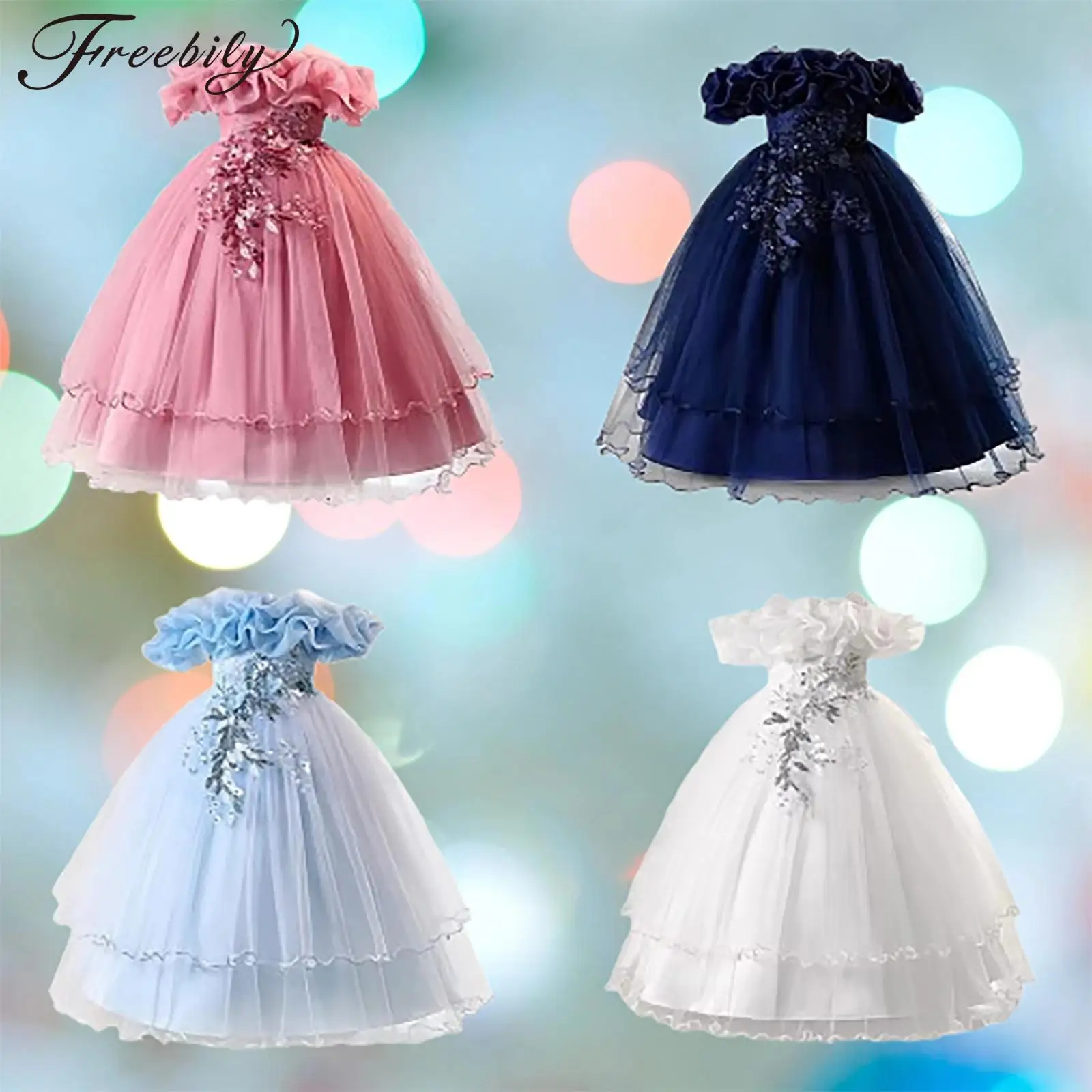 

Платья принцессы для девочек, праздничное элегантное платье с вышивкой для дня рождения, сетчатое платье с открытыми плечами и цветочным принтом, бальное платье для девочек