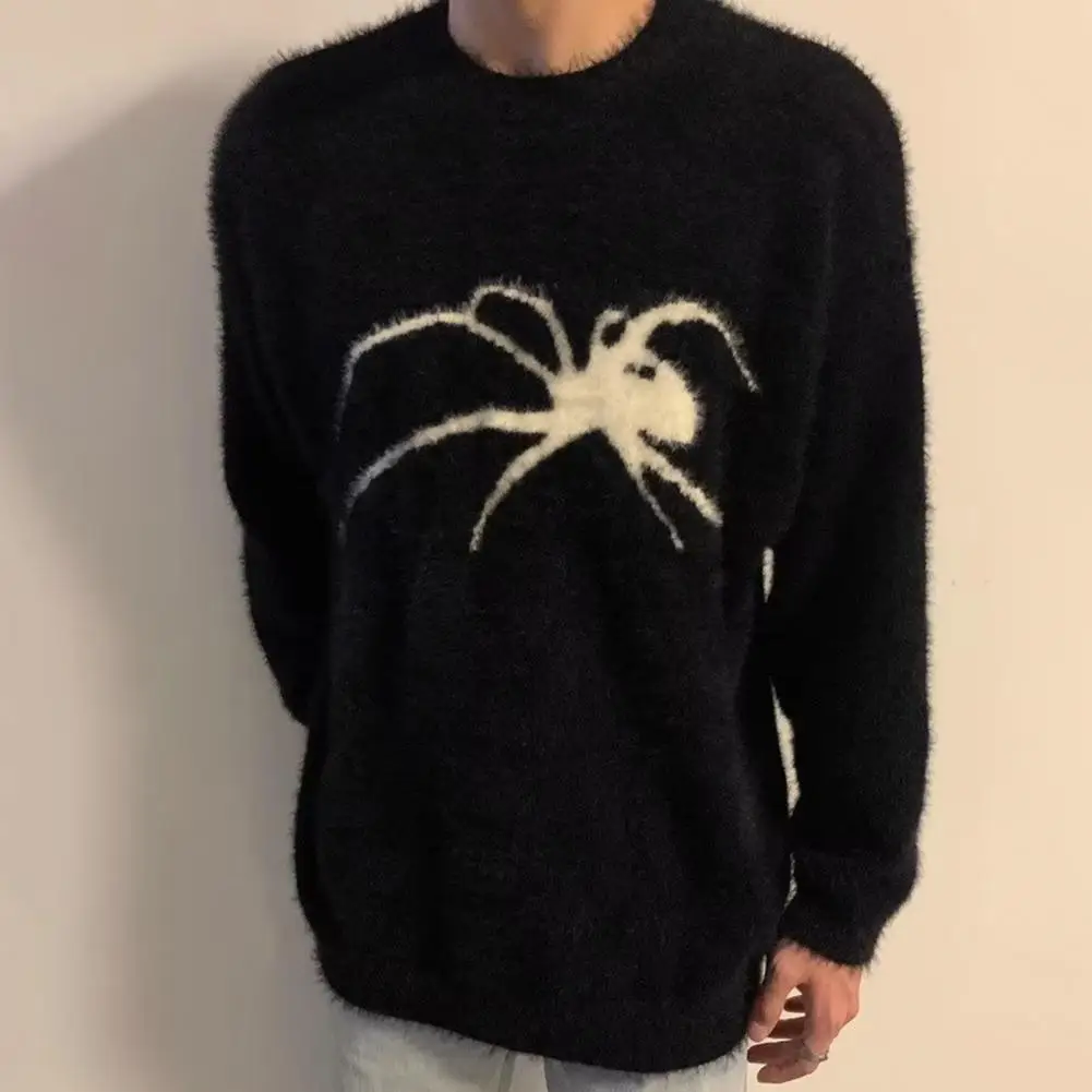 Men Pullover Sweater Men's Winter Faux Mink Sweater with Spider Pattern Knitted Pullover Hop Style Jumper Streetwear for Long