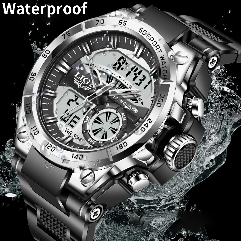 LIGE Luxury Man Watch Fashion Digital Dual Display Sport Men Quartz Watches Luminous Waterproof Military Watch For Men Relojes