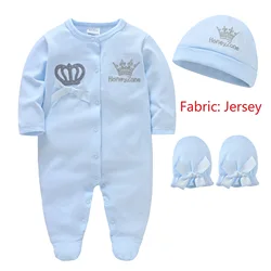 Newborn Baby Boys Romper Royal Crown Prince 100% Cotton Clothing Set with Cap Gloves Infant Girl One-Pieces Footies Sleepsuits