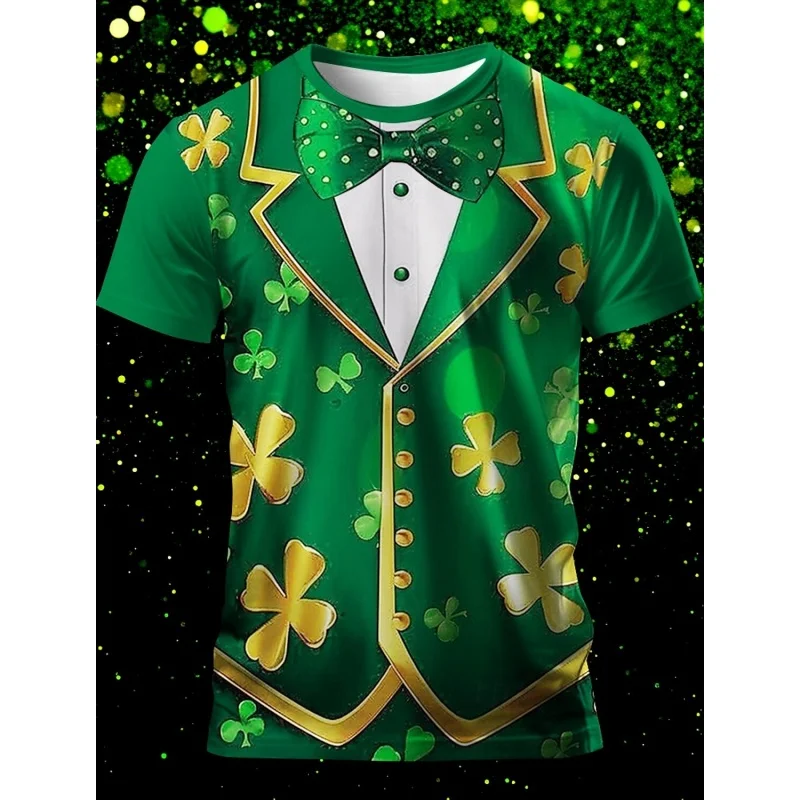 Clover Fake Suit Pattern T-Shirt For Men St. Patrick's Day 3D Printed Tees Casual Unisex Short Sleeve O-Neck Top Street T Shirts