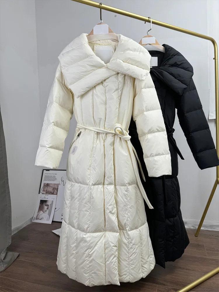 Inverno feminino longo para baixo jaqueta com faixas 2025 novo quente grande turn down collar puffer casaco senhoras sólido parkas quente inkeo dj102