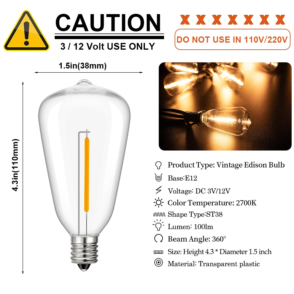 مصابيح كهربائية LED تيار مستمر 12 فولت 3 فولت 1 واط E12 ST38 لمبة الجهد المنخفض RV تخييم أبيض دافئ 2700 كيلو خمر البلاستيك خيوط اديسون لمبات البحرية