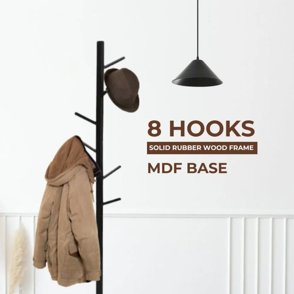 appendiabiti e supporto in legno massello, appendiabiti autoportante con 8 ganci e 3 altezze regolabili, perchero, porta cappelli, appendiabiti