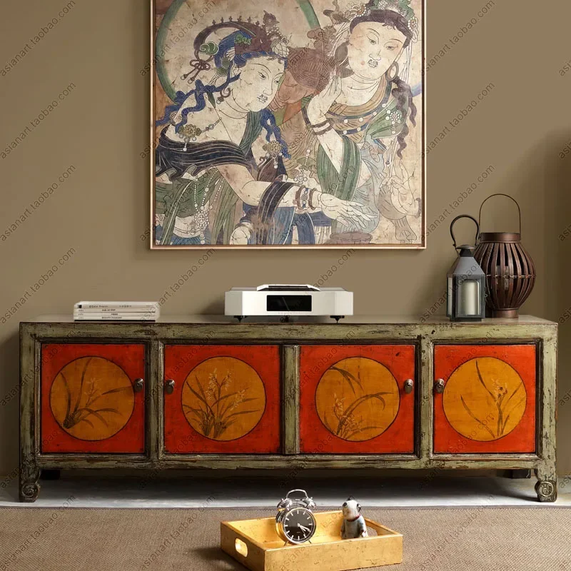 New Chinese Hand-Painted TV Cabinet Assembled Cabinet 4-Door Flower and Bird Antique Solid Wood Audiovisual Cabinet