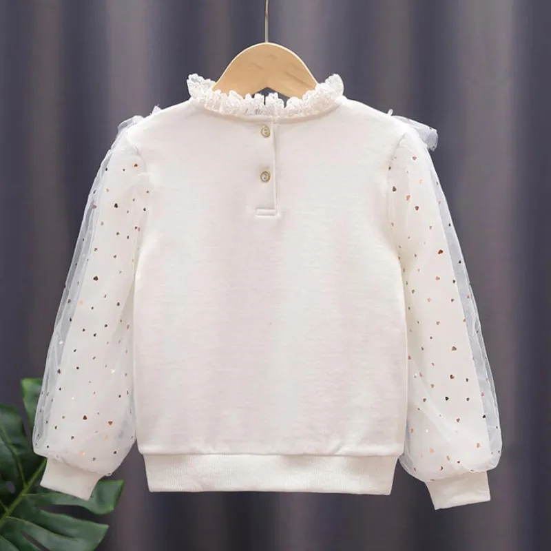 White Bow Lace Long Sleeve Shirts Kids Pullover Tops Children Clothes 3-12 Years Spring Autumn Toddler Teen Girls Cotton Blouse