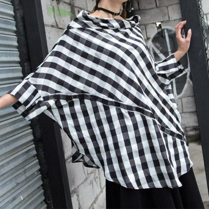 

Plus Size Summer Blouse Casual Chiffon Shirt Turtleneck Women Print Bat Plaid Clothing Short Sleeve Loose T-Shirt