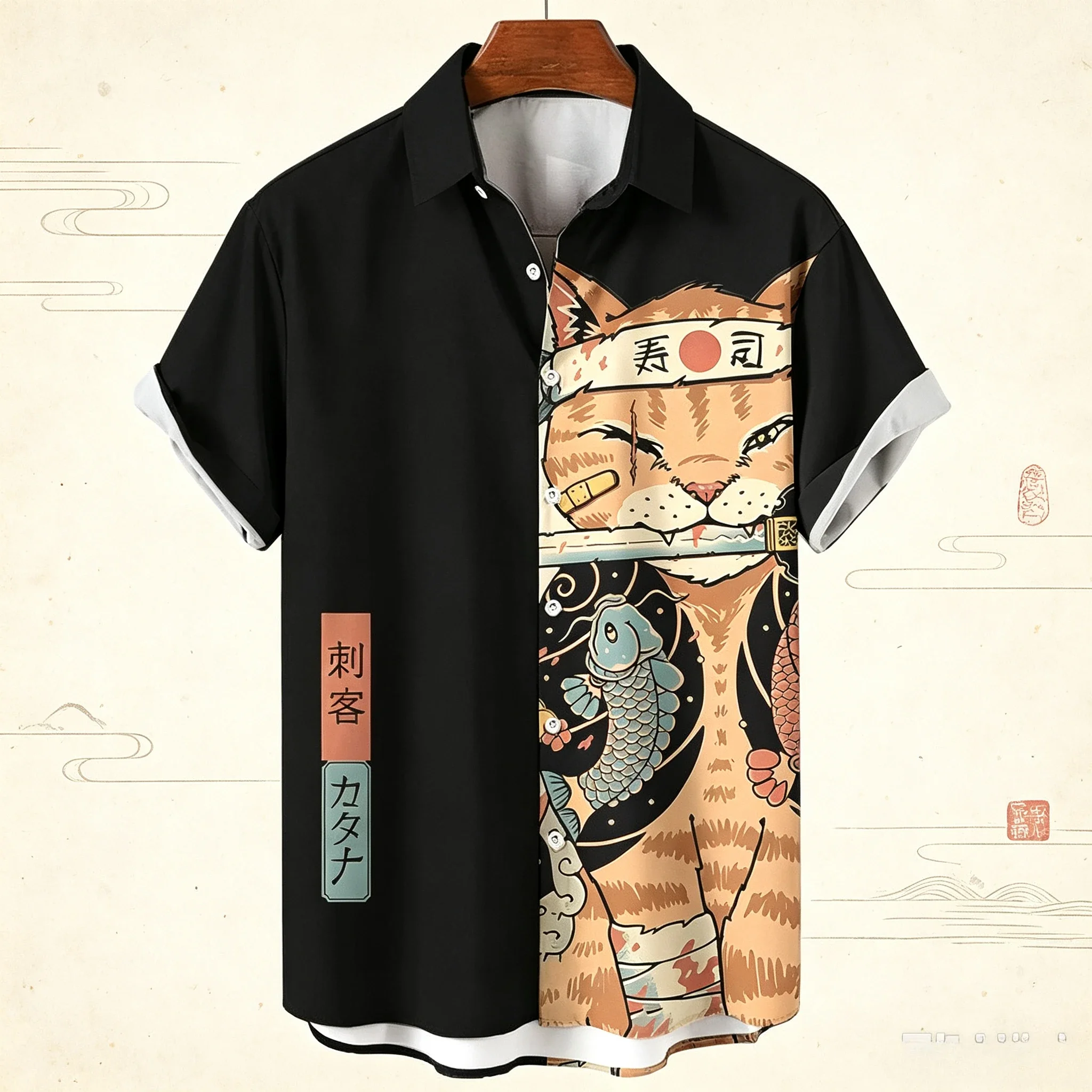Fashion Men's Clothing Cool Samurai Cat Tops Summer New Men's Clothing Casual Short-Sleeved Anime Loose Blouse Hawaiian Shirts