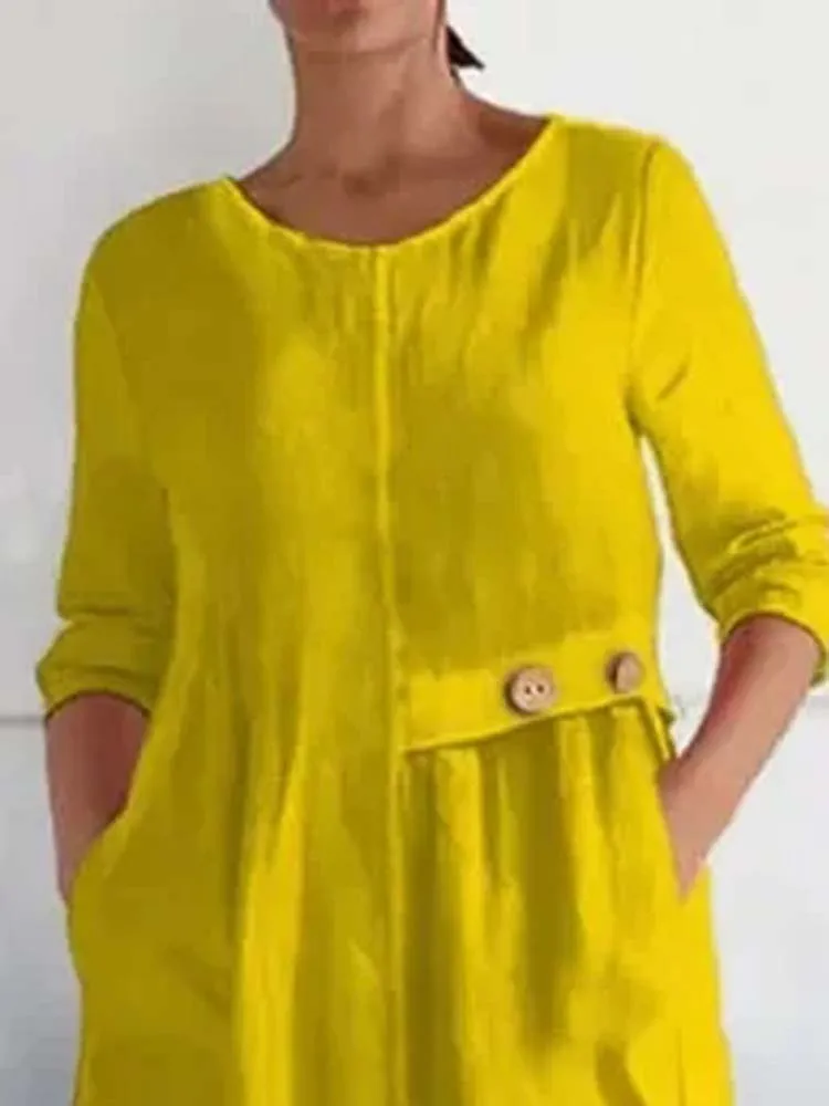 Casual Lose Solide Halbe Hülse Boho Kleid Frau Frühling Sommer Retro A-Line Langes Kleid Elegante Urlaub O Neck Button Robe Kleid