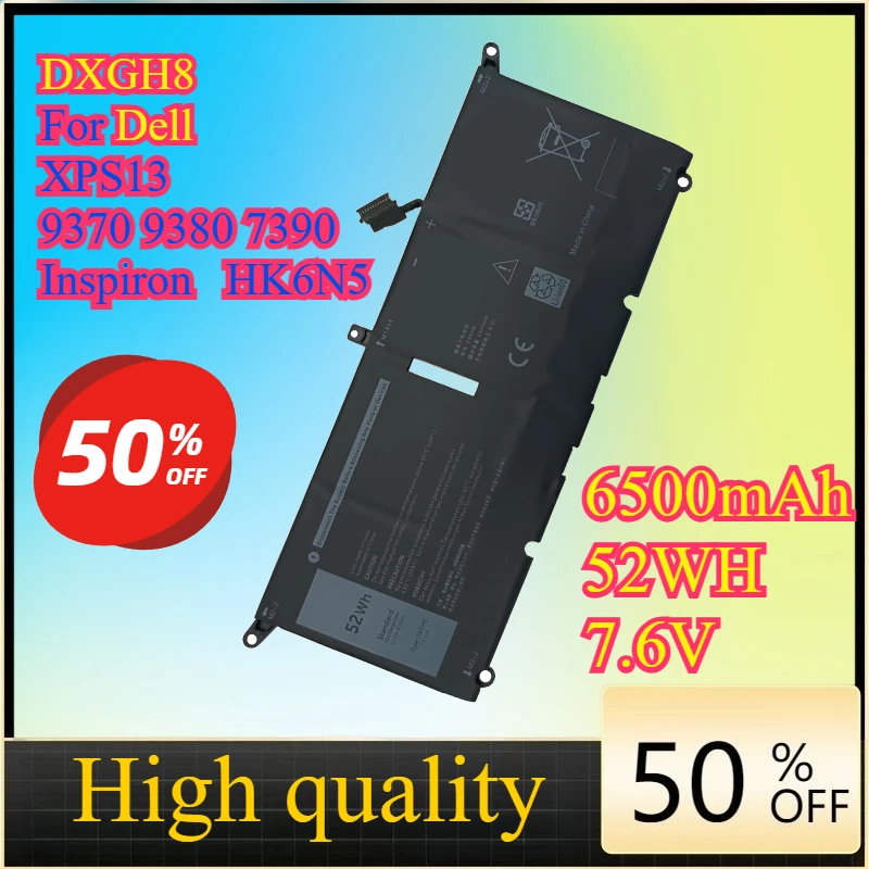 

DXGH8 6500mAh 52WH 7.6V Battery for Dell XPS13 9370 9380 7390Inspiron 5390 DXGH8 HK6N5 Compatible Laptop Battery