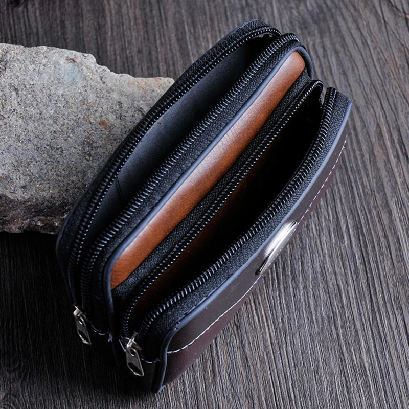 Black Men\'s Mobile Phone Bag Pu Leather Double Zipper Men\'s Waist Bag Coin Purse Outdoor Male Waist Bag