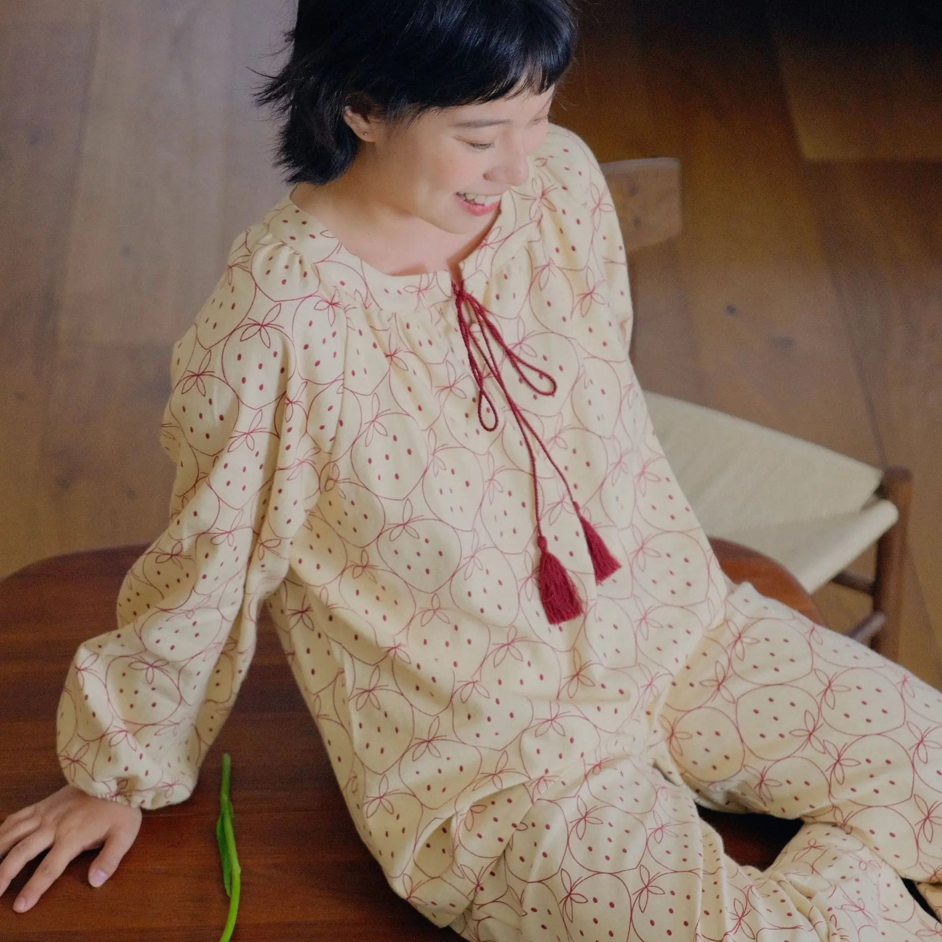 Boho Strawberry Print Pajama Set Women Mori Girl Style 100% Cotton Gauze Loungewear Tassel Tie 2 Piece Relaxed Fit Sleepwear