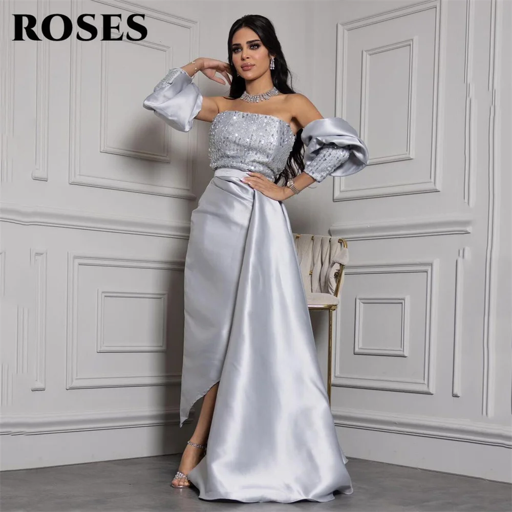

ROSES Серебряное простое вечернее платье без бретелек Ночное платье со съемными пышными рукавами Платье знаменитости с лифом из бисера Платье для выпускного вечера по индивидуальному заказу