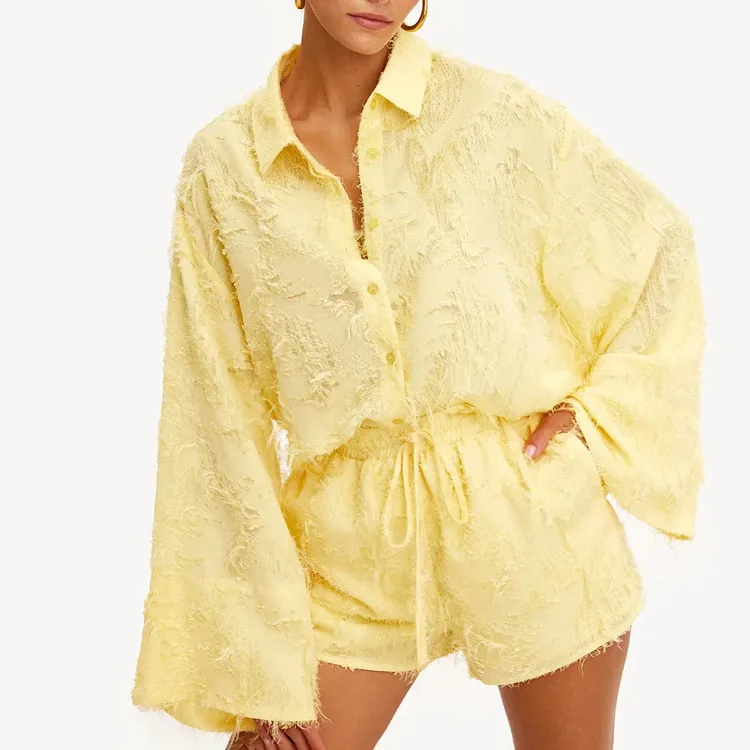 

Новые элегантные комплекты из 2 предметов с желтыми перьями, женские наряды, модные рубашки с длинными рукавами и шорты на шнурке, комплекты уличной одежды