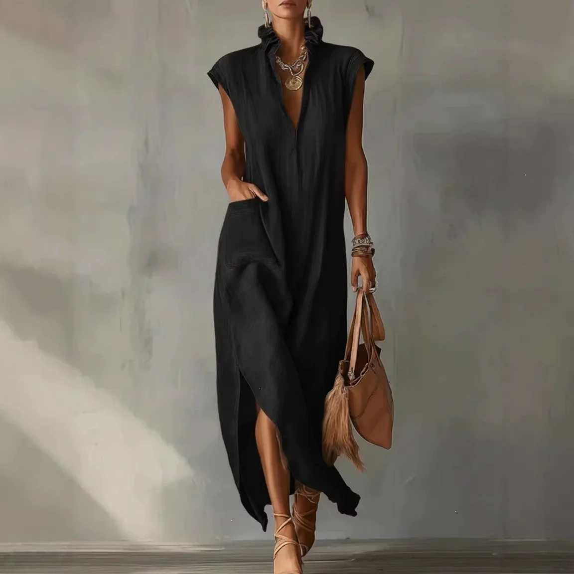 Damen Retro Boho Rüschen Leinen Maxikleid Mode V-Ausschnitt Ärmellos Sommerkleid Mit Taschen Lässiges Loses Strandkleid