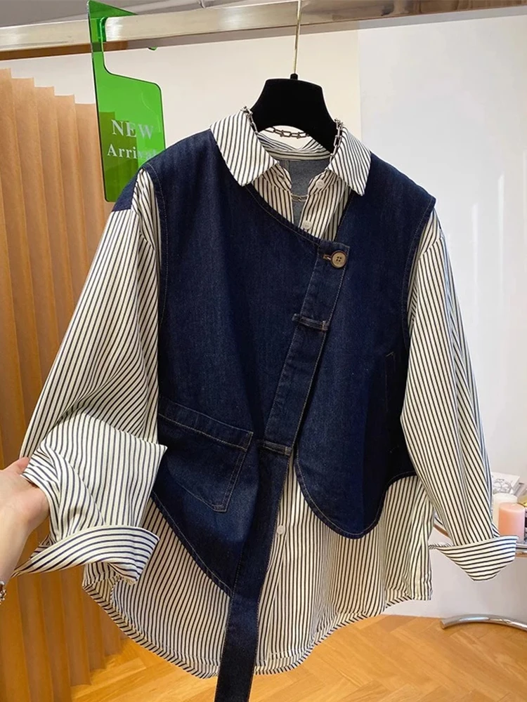 

Commuter Sle Striped Denim irt Women's Loose Long Sve Faion New Spring Faux Two-piece Design Sense Top Button Closur...