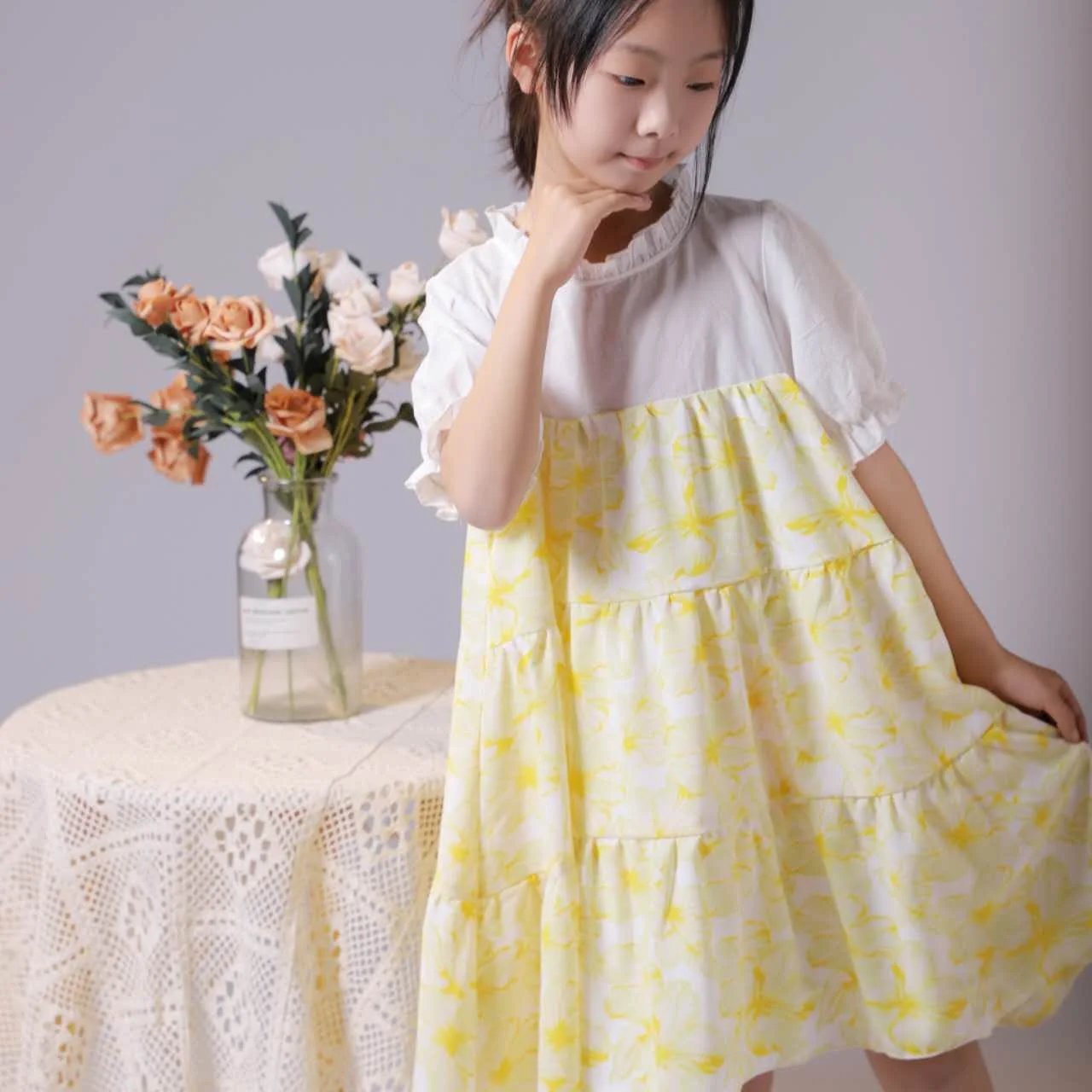 2024 Summer Dress Sweet Thin Short Sleeved Princess Dress Yellow Flower Dress Flower Girl Sweet Gentle Designable Dresses