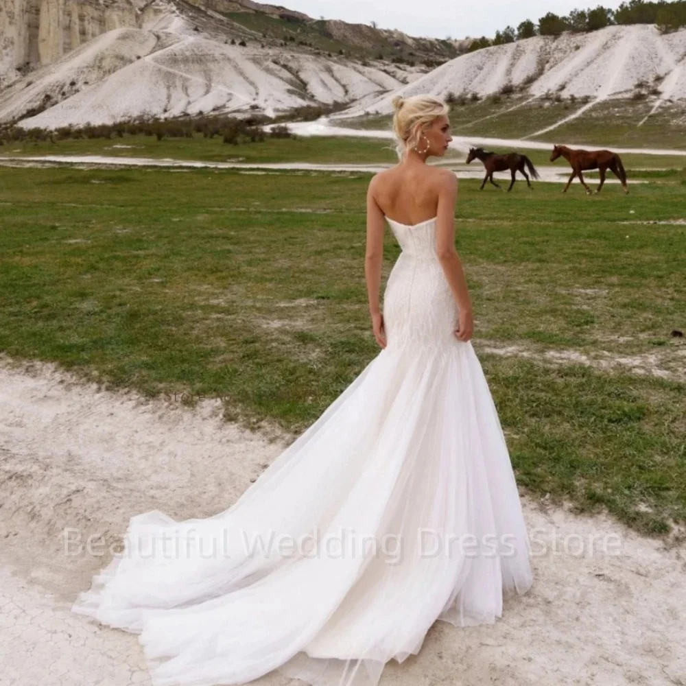 Strapless sereia vestidos de casamento para as mulheres, querida elegante, sem mangas, Tribunal Trem vestido nupcial