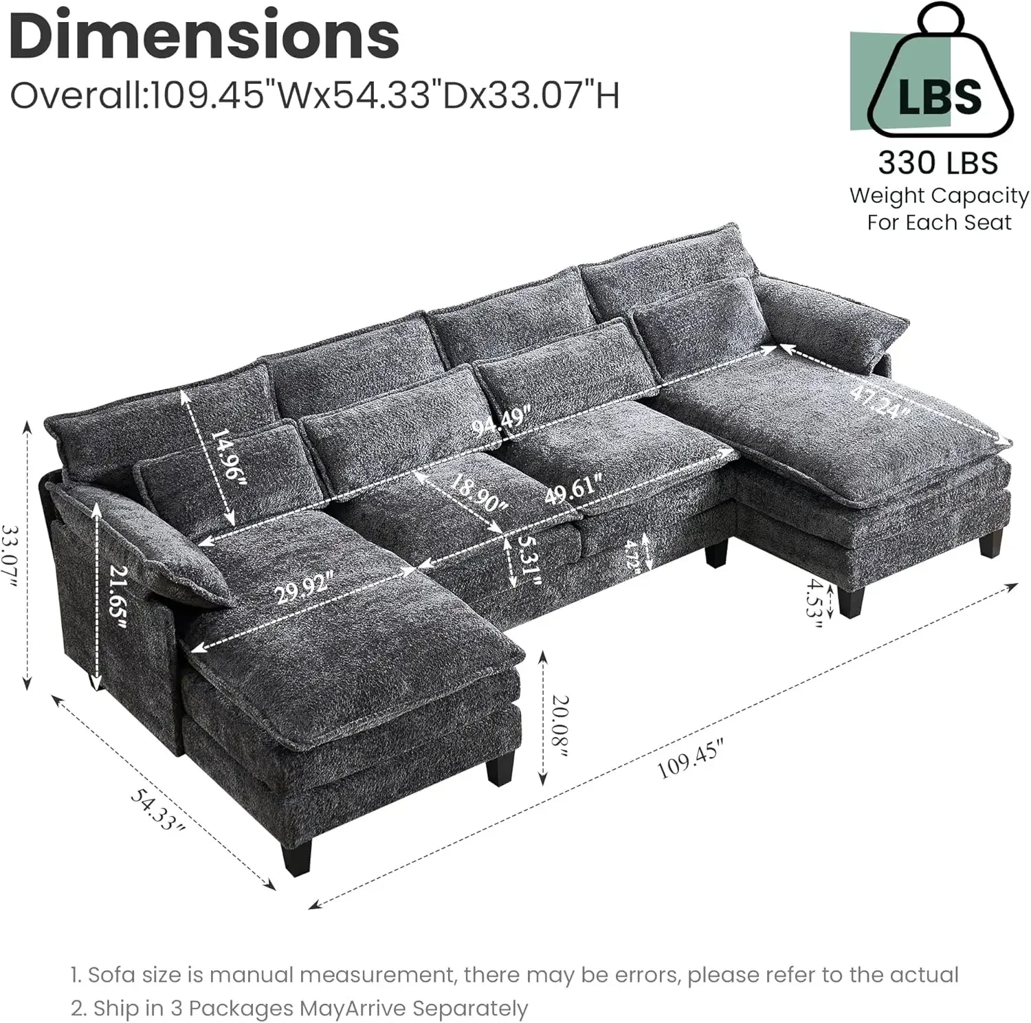 U Shaped Couch, 4 Seat Cloud Couch, High Dense Memory Foam with Double Chaise Lounge