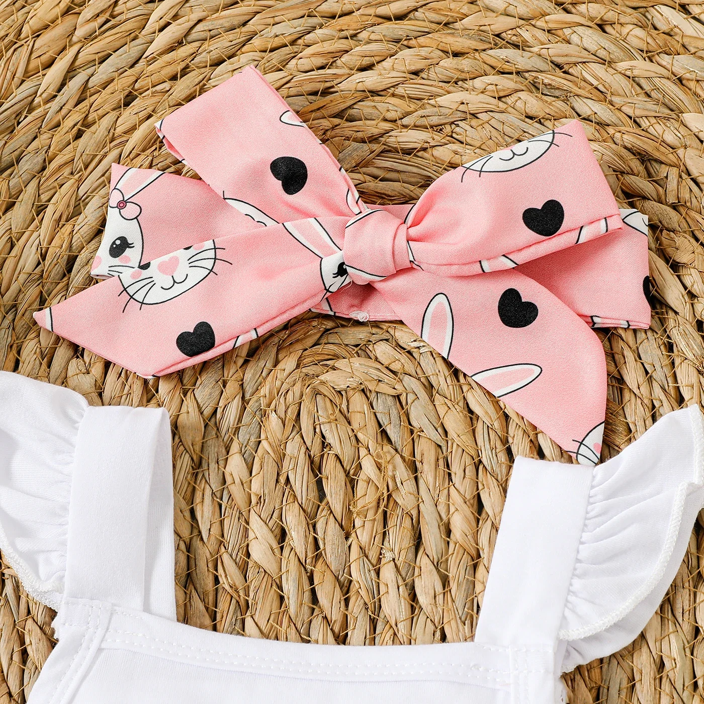 PatPat 2pcs Baby Girl Rabbit Print Flutter-sleeve Faux-two Romper & Headband Set Suitable for Summer Season