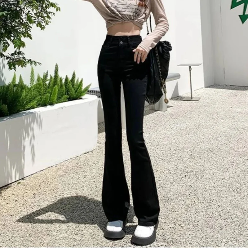 여성 하이웨이스트 엘라스틱 플레어 진 팬츠, 시크 스트레이트 레그 데님 트라우저, 슬림핏 얇은 벨보텀 팬츠