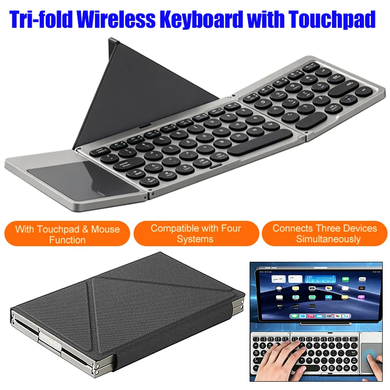 Wireless Tri-fold Keyboard with Touchpad Support Multi-system Portable Rechargeable Bluetooth Keyboard for Tablet Ipad iPhone