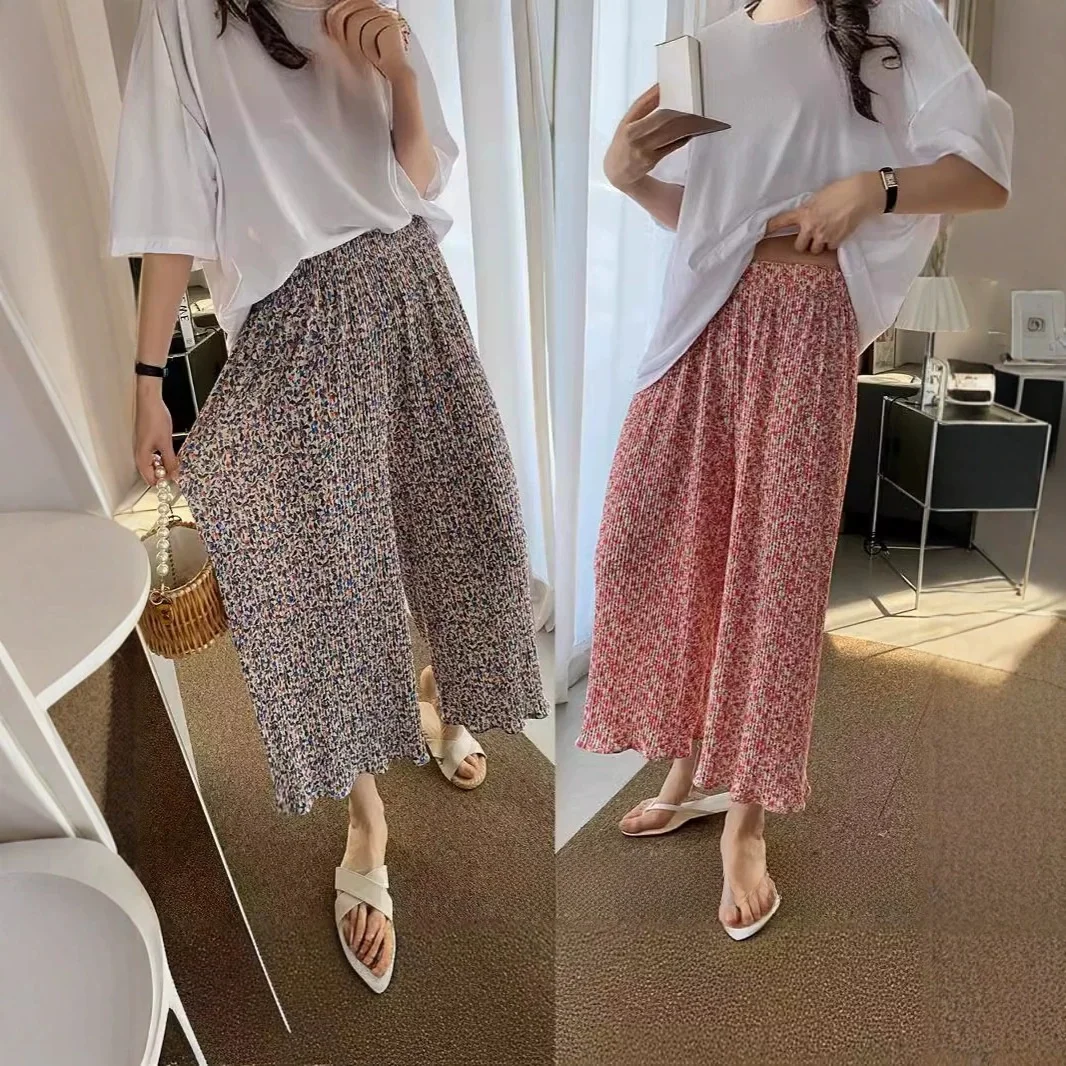 Ice Silk Wide Leg Pants Women's Spring Summer Thin High Waist Draped Pleated Lazy Style Floral Home Casual Sleepwear Pants