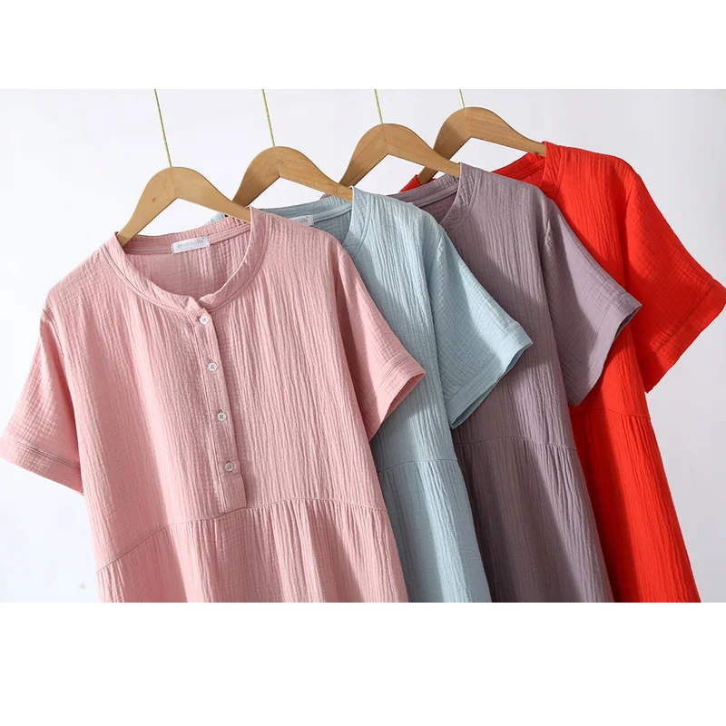 Summer Sleepwear 100% Cotton Crepe Short-sleeved Sleepshirts Plus Size Loose Nightgowns Women Night Gown Sexy Sleeping Dress