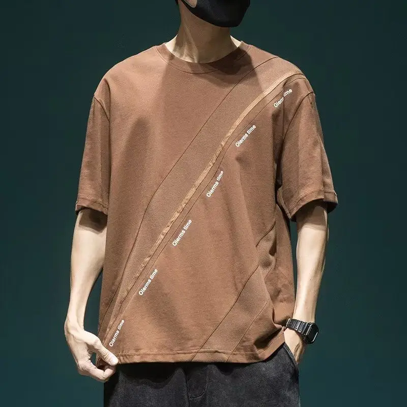 Fashion Patchwork T Shirts Men's Summer New Short Sleeve Loose All-match Solid Color Youth Tops Tees Vintage Casual Men Clothing