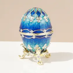 Caja de baratija de huevo de estilo Faberge Vintage azul, joyero esmaltado pintado a mano único, coleccionable, regalo único para decoración del hogar