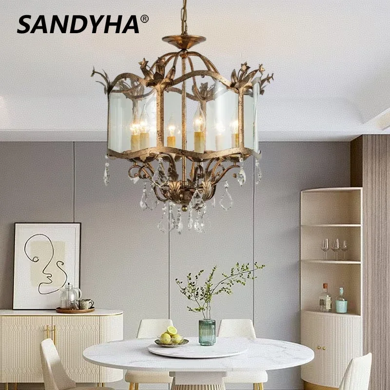 SANDYHA ريترو كريستال قلادة LED ضوء شمعة الثريا لغرفة الطعام غرفة نوم غرفة المعيشة أنيقة ديكور المنزل الإضاءة