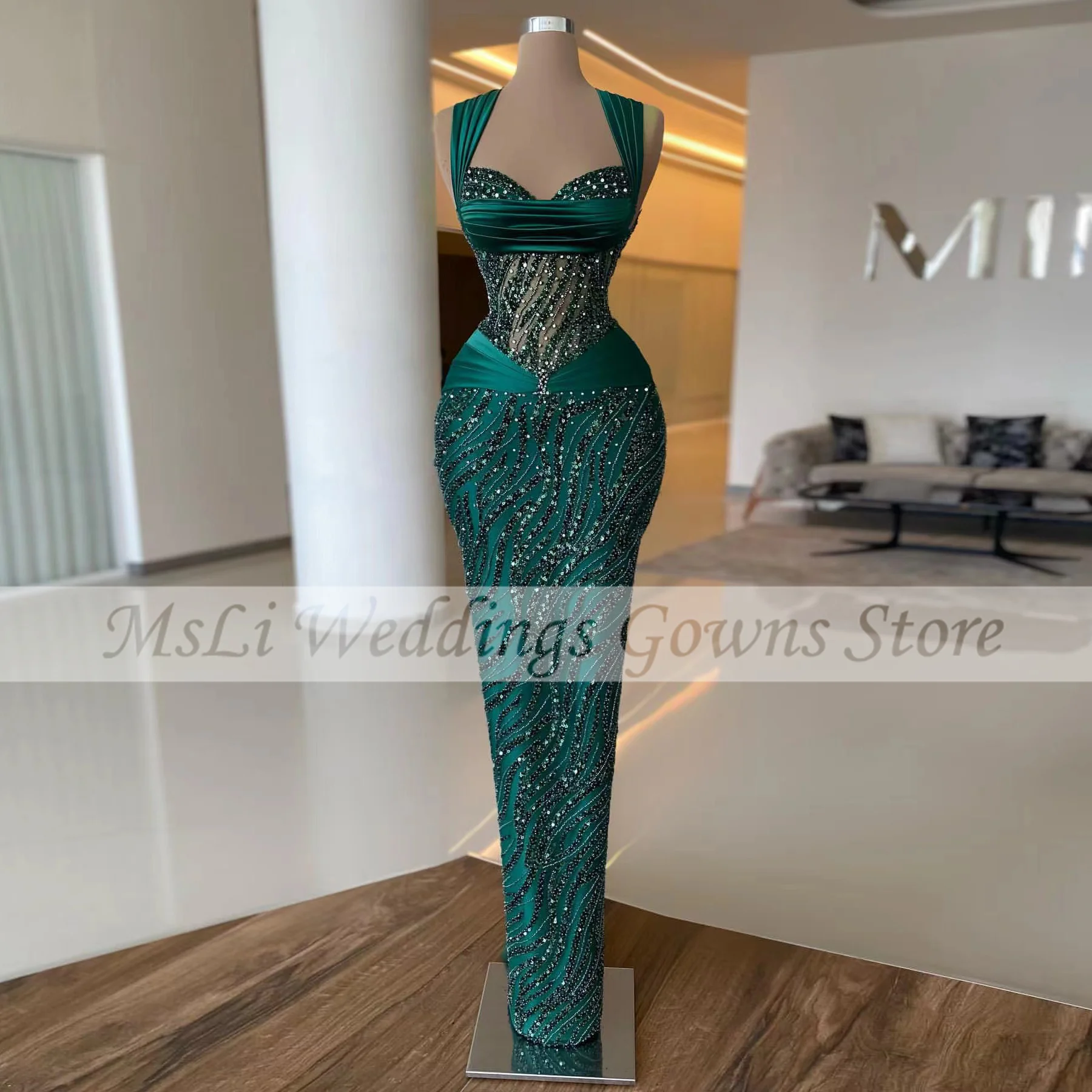 

Luxury Sparkly Green Mermaid Prom Dress For Women Beads Sequined Floor Length Sexy Celebrity Party Evening Dress Robe De Bal