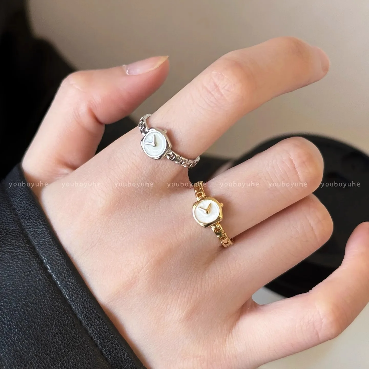 Ring Watch Chain Style Enamel Open Adjustable Thin Metal Alloy Women Minimalist Niche Daily Party Travel Gift Jewelry